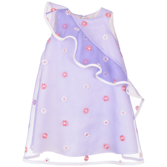 Girl's Ruffle Trapeze Dress in Lavender and White