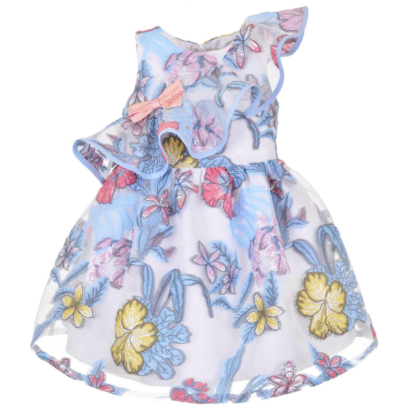 Girl's Diagonal Ruffle Bodice Dress in Powder Blue and Lilac