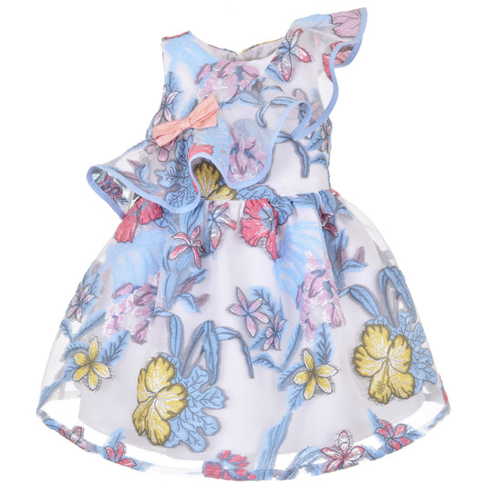 Girl's Diagonal Ruffle Bodice Dress in Powder Blue and Lilac