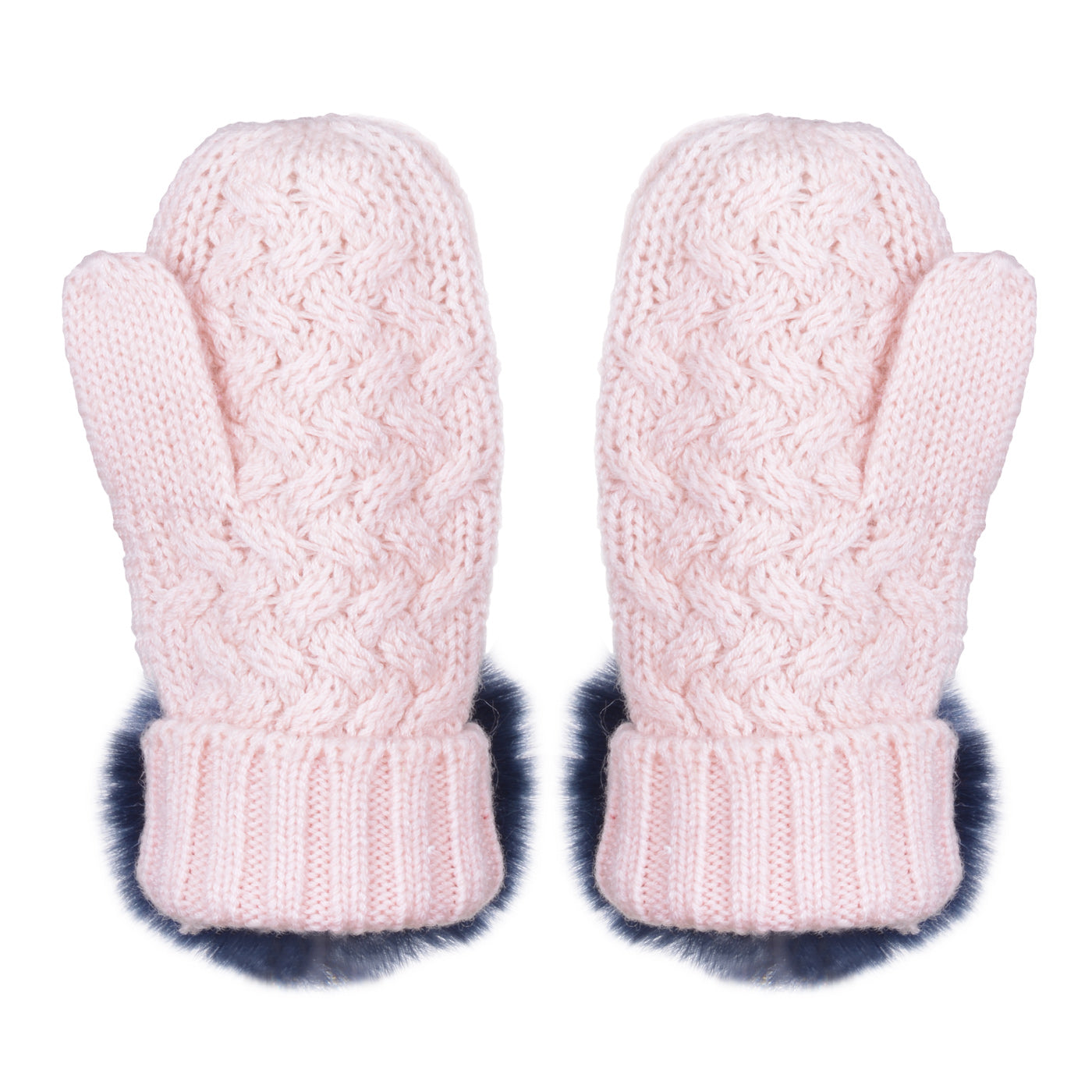 Girl's Chunky Merino Pom Pom Mittens in Blush and  Ink