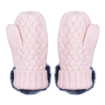 Girl's Chunky Merino Pom Pom Mittens in Blush and  Ink