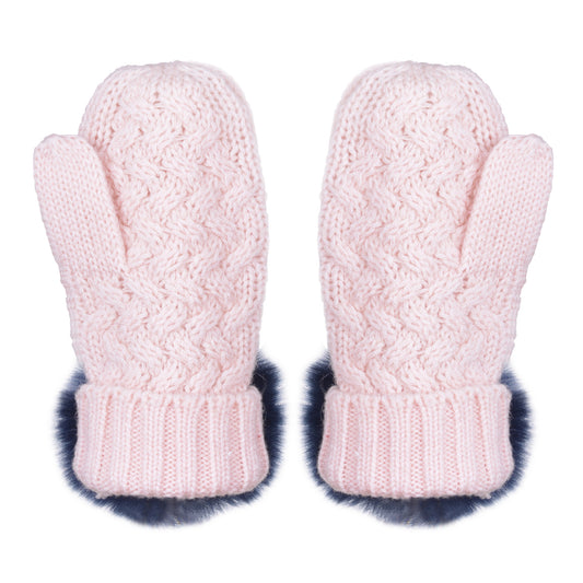 Girl's Chunky Merino Pom Pom Mittens in Blush and  Ink