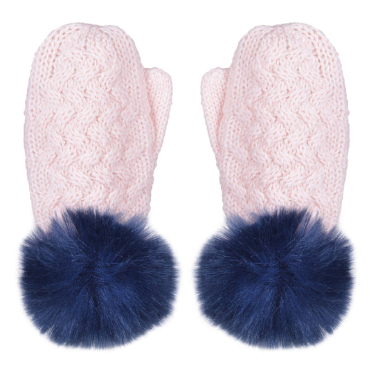 Girl's Chunky Merino Pom Pom Mittens in Blush and  Ink