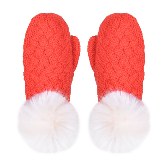 Girl's Chunky Merino Pom Pom Mittens in Rosehip and Blush