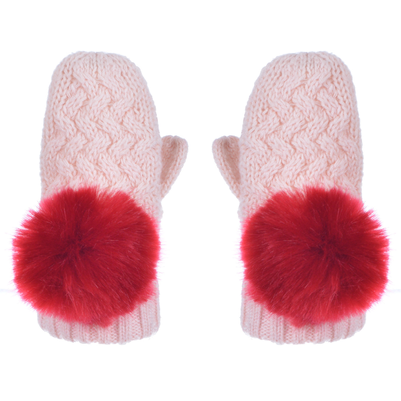 Girl's Chunky Pom Pom Mittens in Blush and Cherry