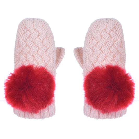 Girl's Chunky Pom Pom Mittens in Blush and Cherry