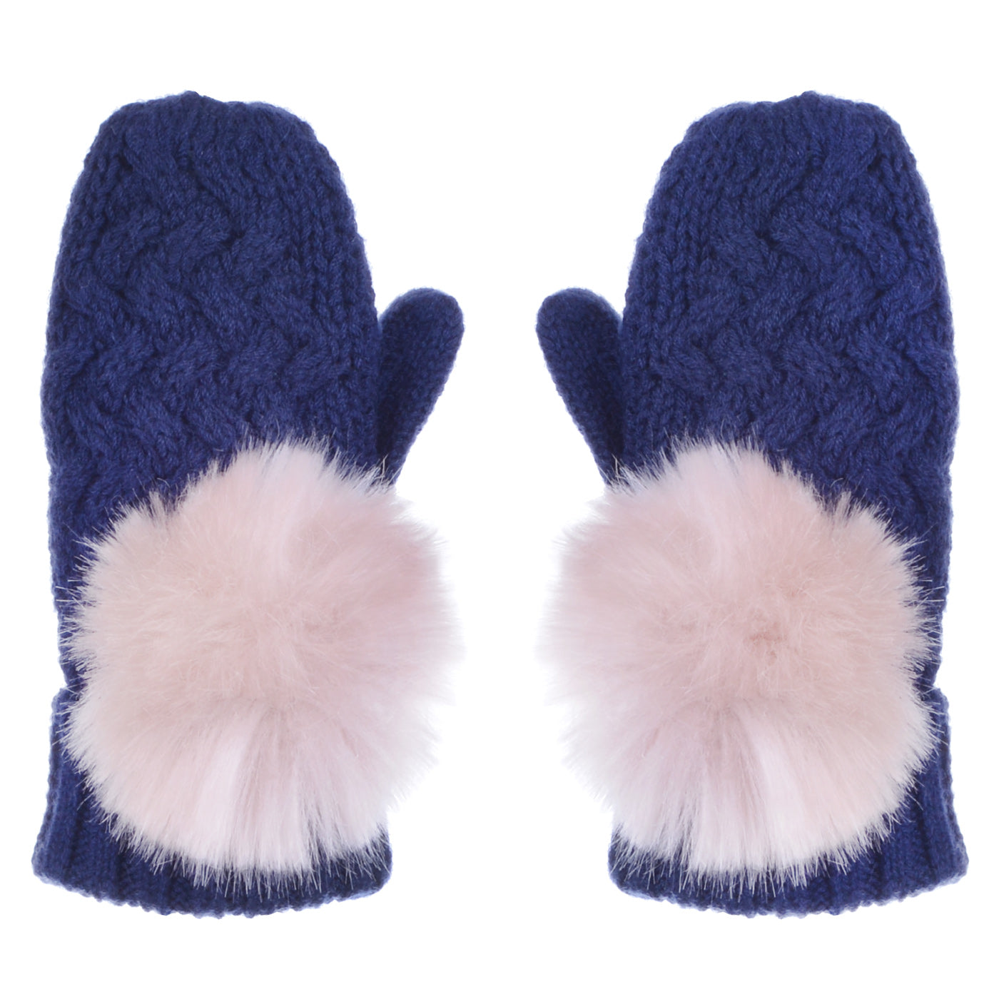 Girl's Chunky Pom Pom Mittens in Navy and Lilac