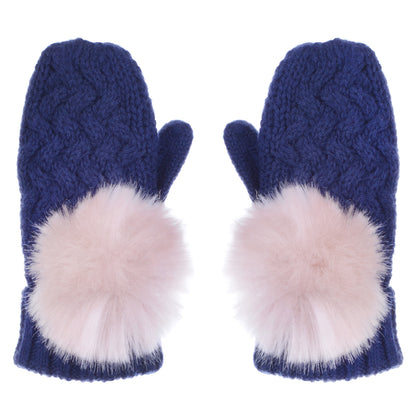 Girl's Chunky Pom Pom Mittens in Navy and Lilac