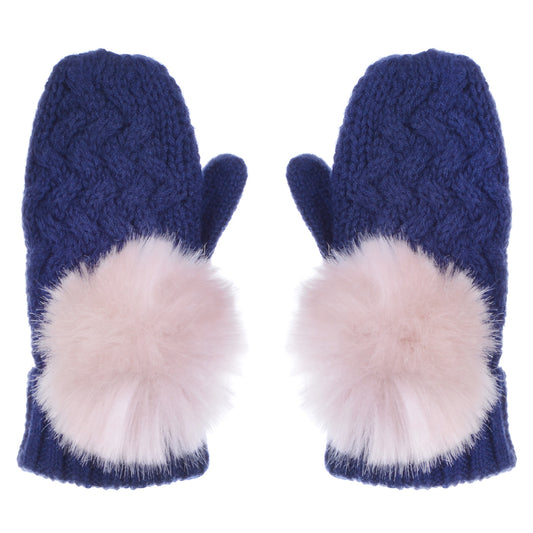 Girl's Chunky Pom Pom Mittens in Navy and Lilac