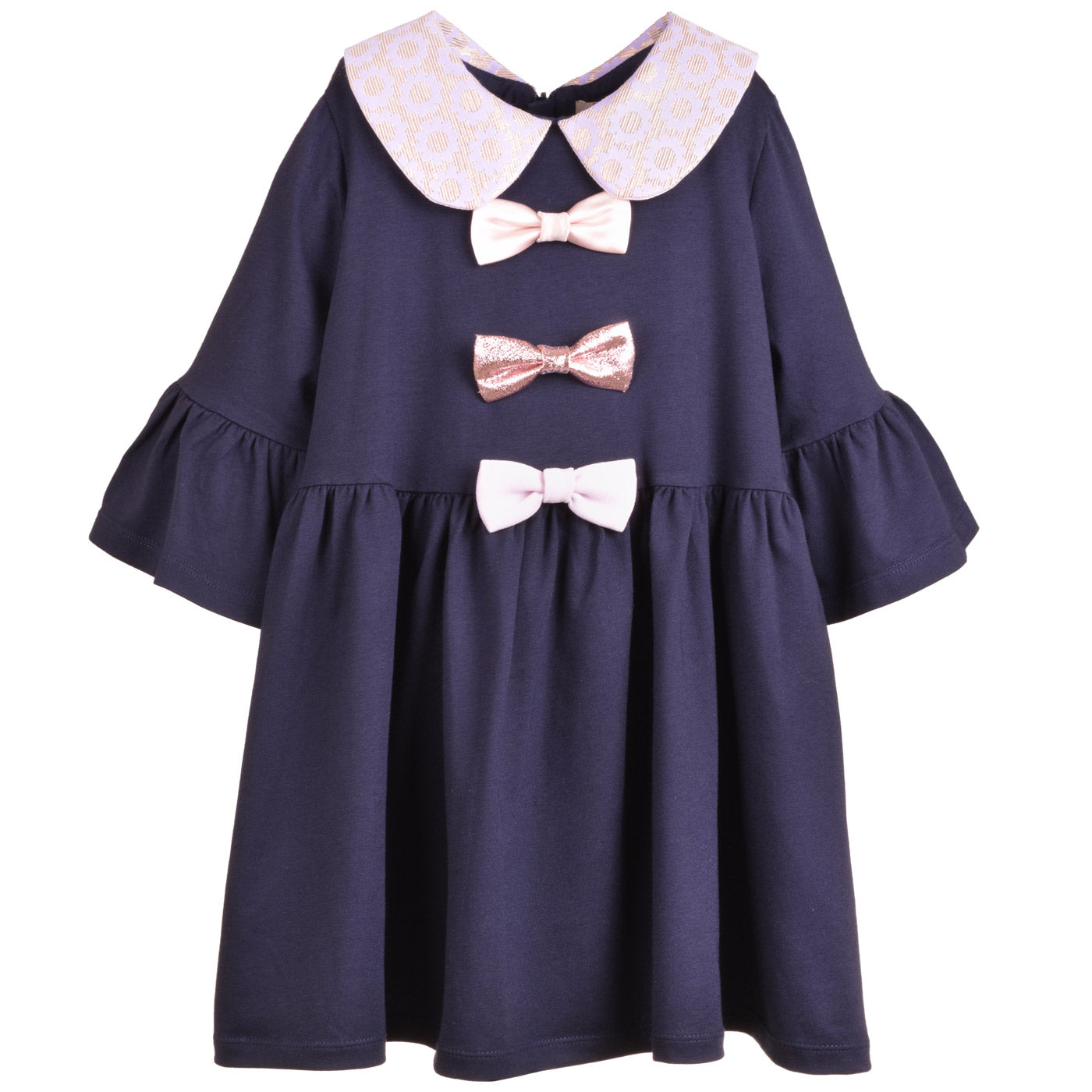 Girl's Bell Sleeved Jersey Dress in Navy and Lilac