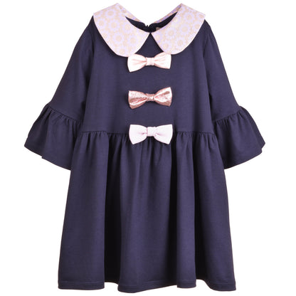 Girl's Bell Sleeved Jersey Dress in Navy and Lilac