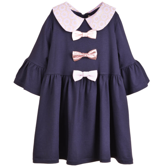 Girl's Bell Sleeved Jersey Dress in Navy and Lilac