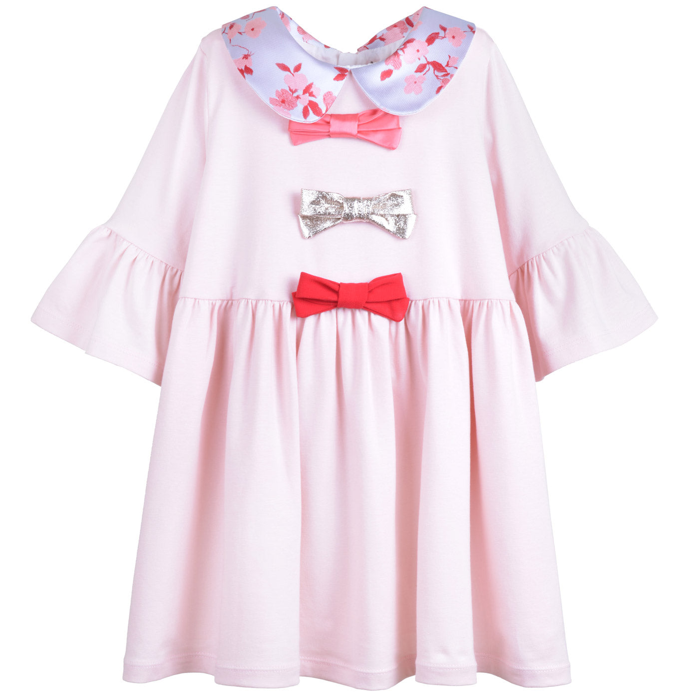 Girl's Bell Sleeved Jersey Dress in Pale Pink and Wallflower