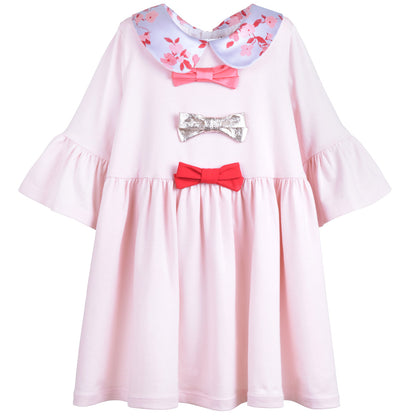 Girl's Bell Sleeved Jersey Dress in Pale Pink and Wallflower
