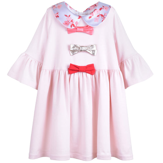 Girl's Bell Sleeved Jersey Dress in Pale Pink and Wallflower