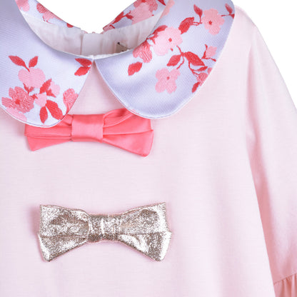 Girl's Bell Sleeved Jersey Dress in Pale Pink and Wallflower