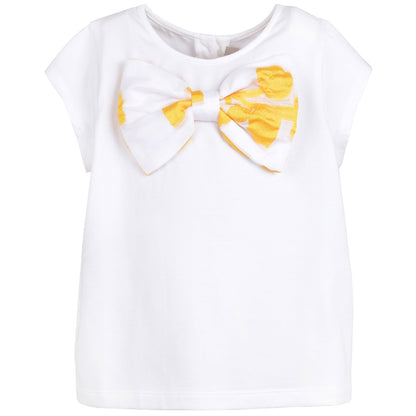 Girl's Bow Jersey T-shirt in Milk and Marigold