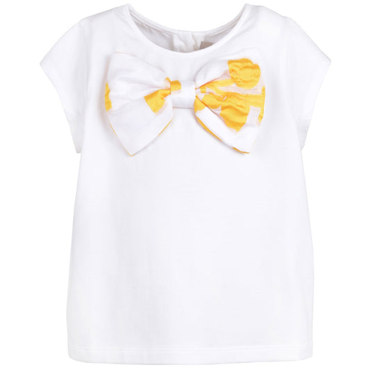 Girl's Bow Jersey T-shirt in Milk and Marigold