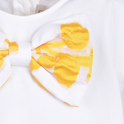 Girl's Bow Jersey T-shirt in Milk and Marigold