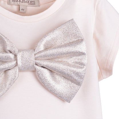 Girl's Bow Jersey T-shirt in Blush and White Gold