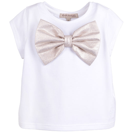 Girl's Bow Jersey T-shirt in White and White Gold