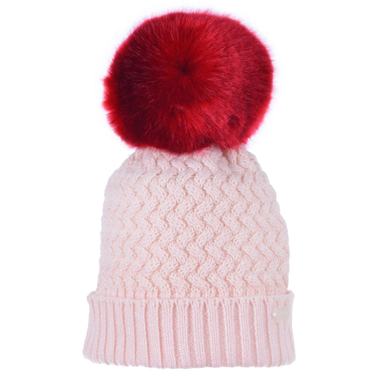 Girl's Chunky Pom Pom Hat in Blush and Cherry