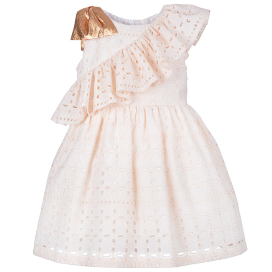 Girl's Diagonal Ruffle Bodice Dress in Vanilla