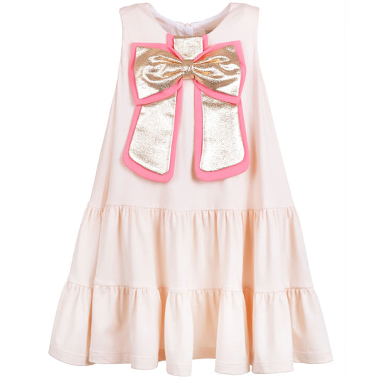 Girl's Gilded Bow Ruffle Tier Dress in Blush and White Gold