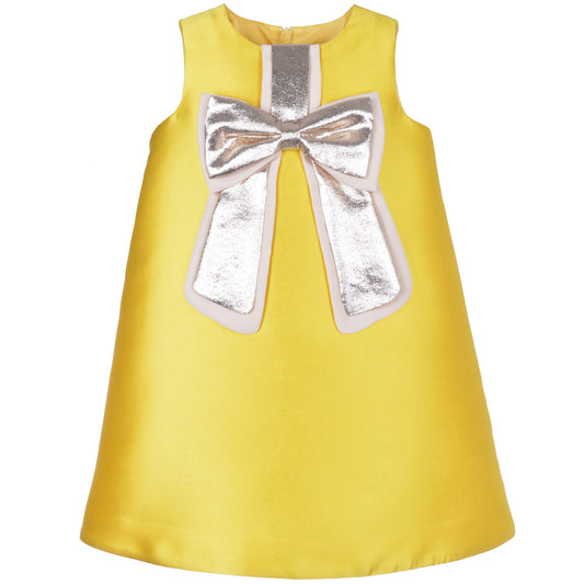Girl's Guilded Bow Shift Dress in Canary Yellow