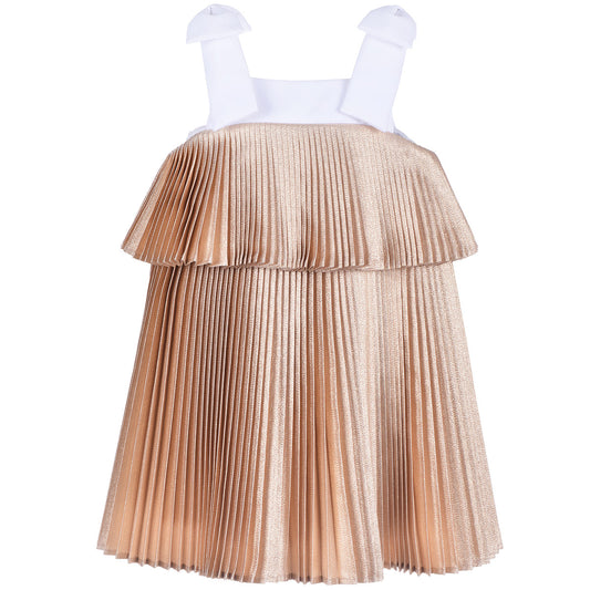 Girl's Tiered Pleated Trapeze Dress in Warm Gold