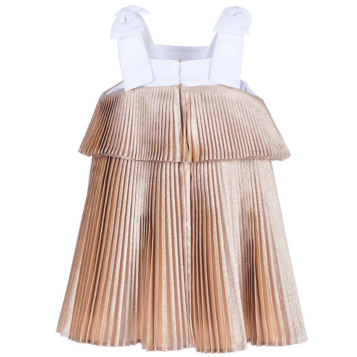 Girl's Tiered Pleated Trapeze Dress in Warm Gold