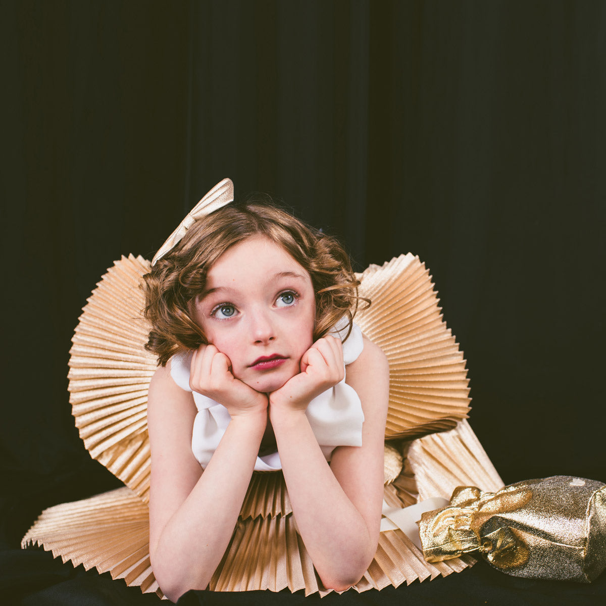 Girl's Tiered Pleated Trapeze Dress in Warm Gold