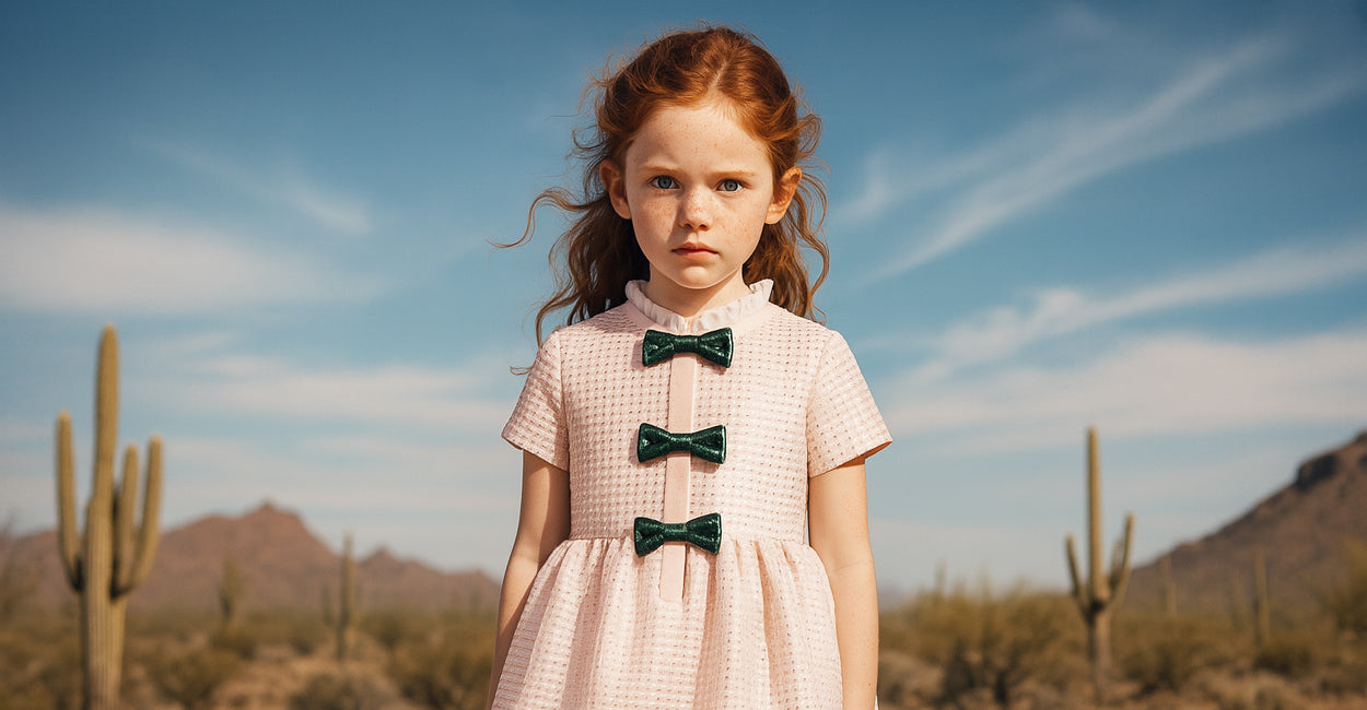 girl in a dress with green bows standing in a desert landscape with cacti and mountains