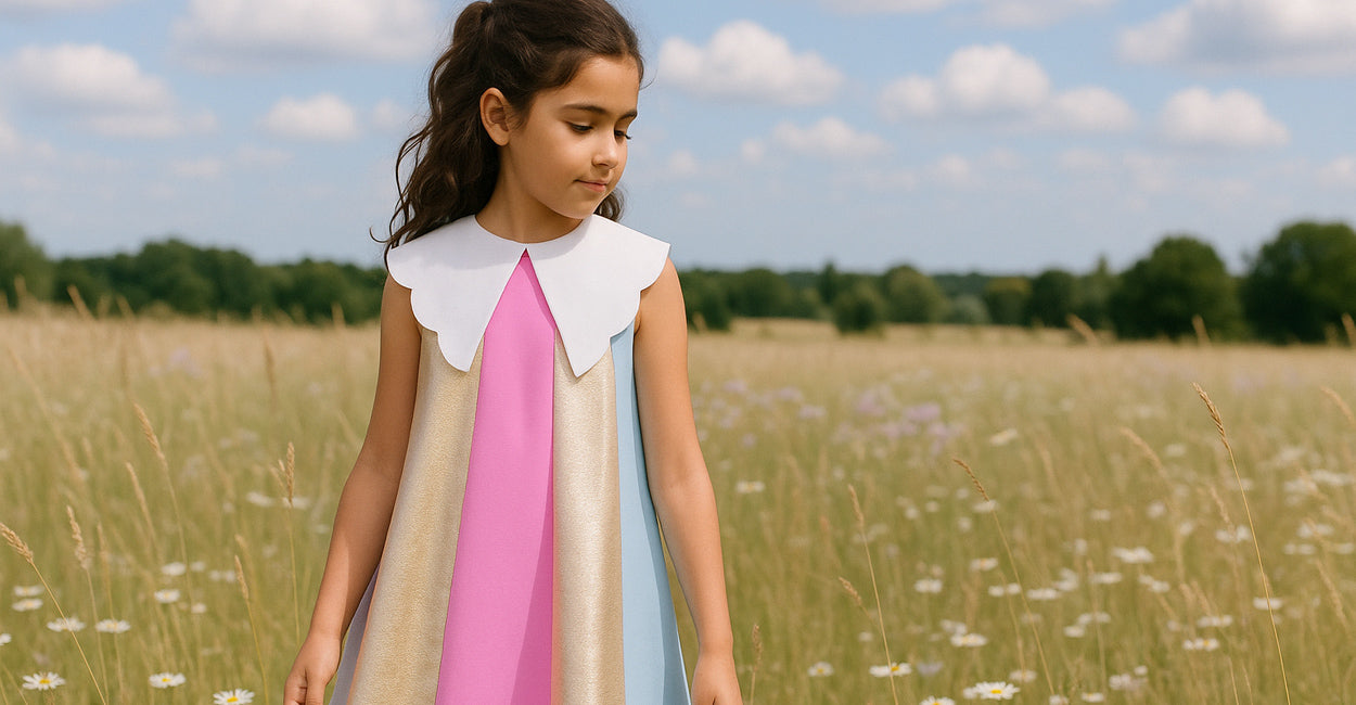 girl in a stripy dress standing in a field with a blue sky