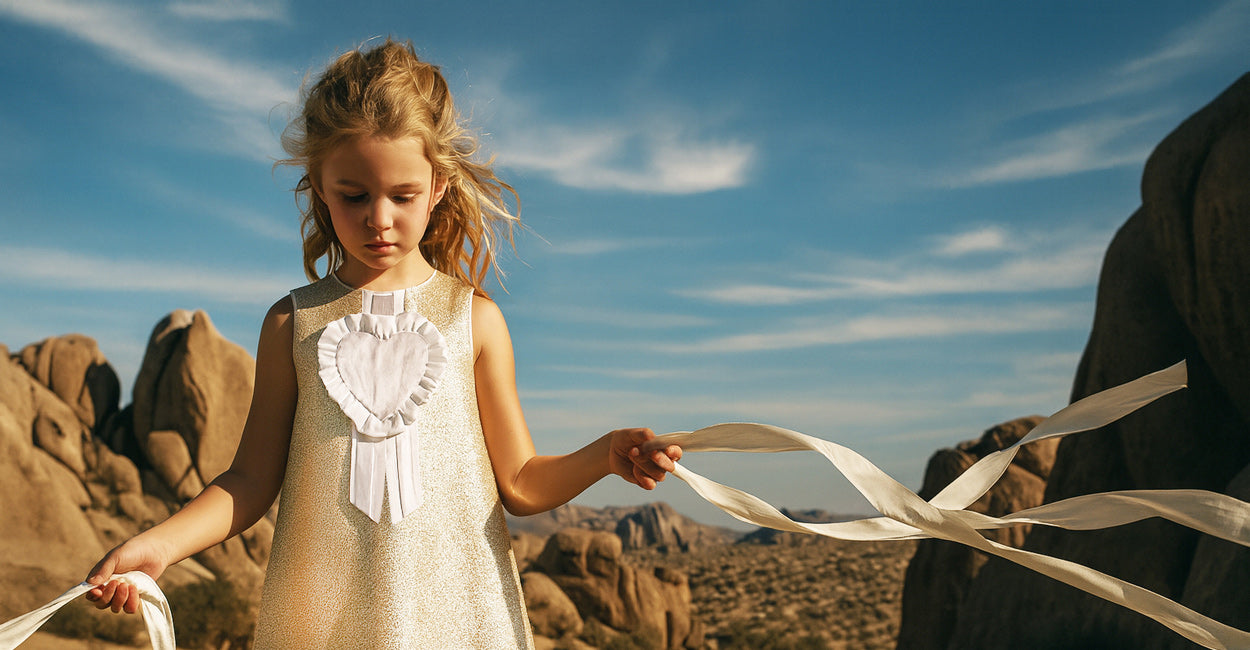 girl holding a white ribbon against a desert landscape with rocky formations and blue sky