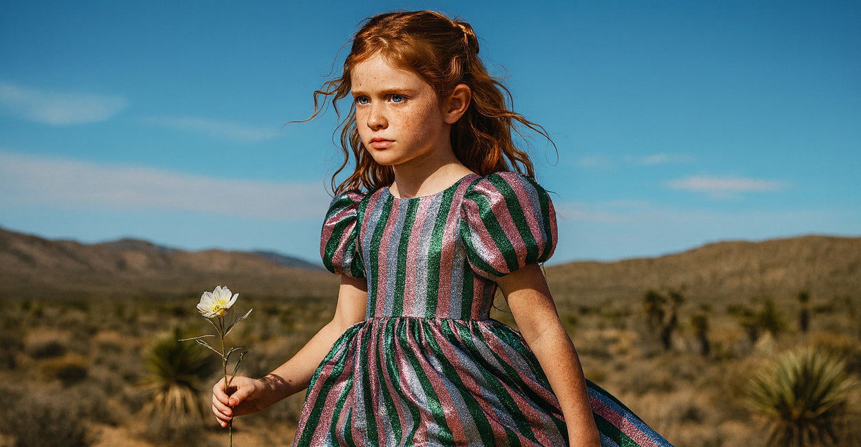 girl in a striped dress holding a flower in a desert landscape