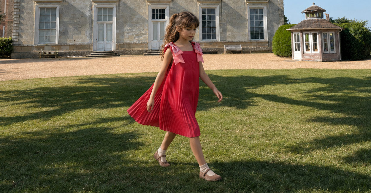 A young girl with brown hair wearing a red pleated sleeveless dress with pink bow accents walks across a green lawn in front of a large stone mansion.