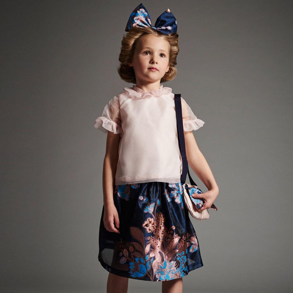 Girl's Midi Gathered Skirt in Navy and Cerulean