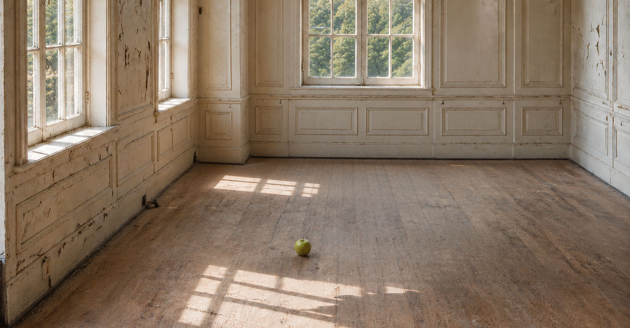 Request a press request to Hucklebones London. Empty room with an apple on the floor.