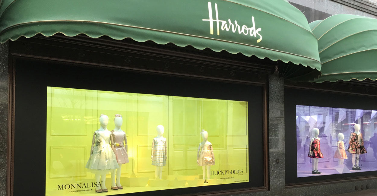 Harrods of London shop window with Hucklebones and Monnalisa.